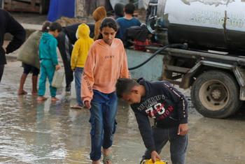 Niños colectando agua durante las primeras lluvias del invierno en Gaza.