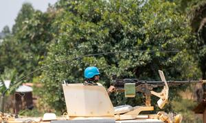 Cascos azule de la MONUSCO patrullan la localidad de Bunia en la provincia de Ituri, República Democrática del Congo.