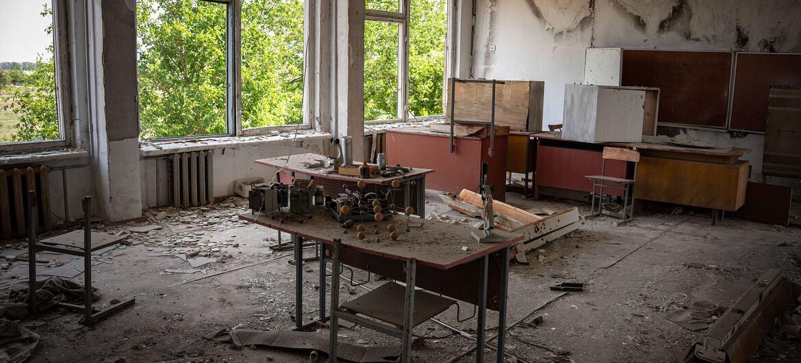 A classroom in a Kherson school lies in ruins.