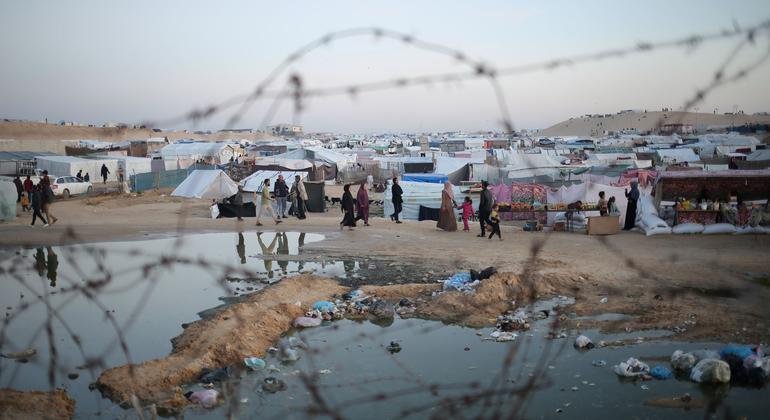 Les eaux usées et les déchets s'accumulent près des tentes de personnes déplacées à Rafah, au sud de la bande de Gaza.