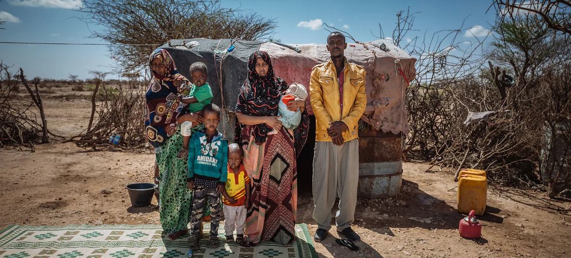 A family displaced by prolonged drought in Ethiopia now live in a makeshift tent in Mogadishu, Somalia.