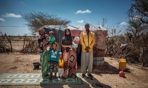 A family displaced by prolonged drought in Ethiopia now live in a makeshift tent in Mogadishu, Somalia.