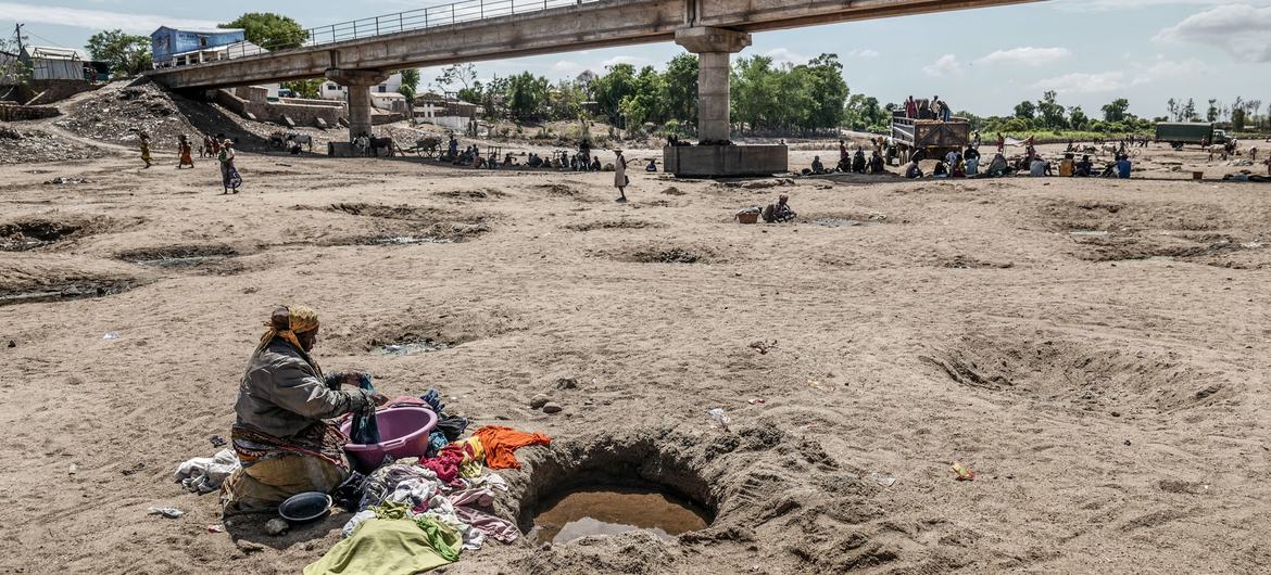 El desecado río Manambovo, en Madagascar, donde la comunidad utiliza el agua estancada que queda para hidratar su ganado, para lavar la ropa, para ducharse y para su hogar. 