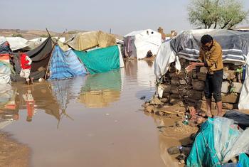 A site for people in Sa'ada city, Yemen, who have fled their homes is flooded by torrential rain.