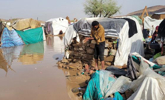 A site for people in Sa'ada city, Yemen, who have fled their homes is flooded by torrential rain.