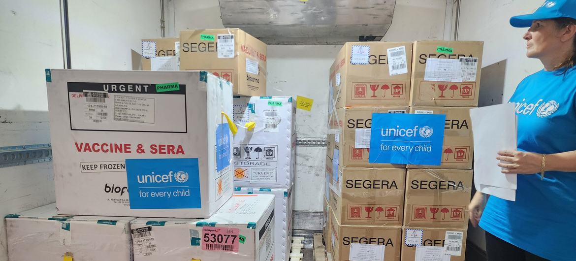 A shipment of vaccines arrives in Gaza, where United Nations agencies and partners aim to vaccinate more than 640,000 children against polio, a disease that was eliminated 25 years ago but has re-emerged in war.