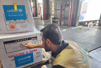 A UNICEF staff member checks a polio vaccination shipment destined for Gaza.