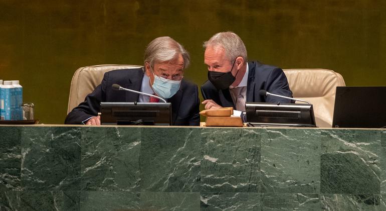 Csaba Kőrösi (right), President of the 77th session of the UN General Assembly, speaks with Secretary-General António Guterres ahead of the opening of seventy-seventh session of the General Assembly.