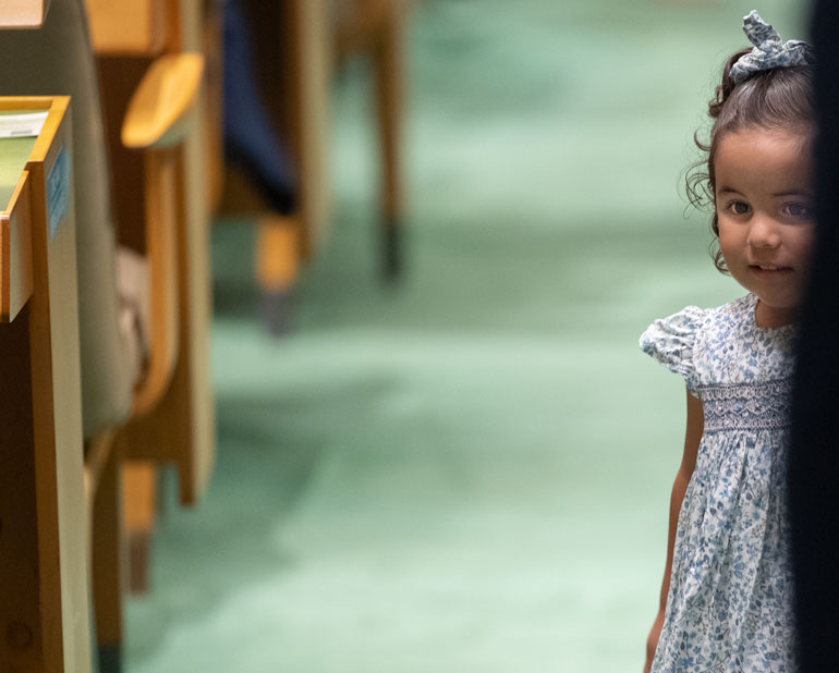 The daughter of Nayib Armando Bukele, President of the Republic of El Salvador, in the General Assembly Hall, as her father addresses the debate of the General Assembly’s seventy-seventh session.