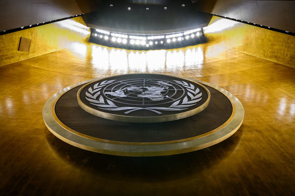 联合国大会厅内的联合国的徽章。