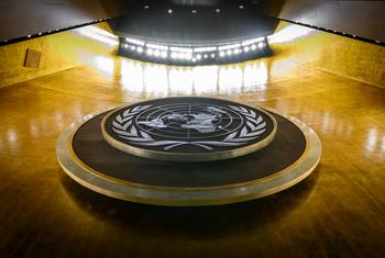The UN crest is pictured in the General Assembly Hall.