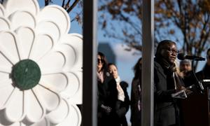 Chaloka Beyani (at podium), Special Adviser on the Prevention of Genocide, addresses the dedication of the "Flower of Srebrenica" Memorial at UN Headquarters honouring the victims of the 1995 genocide in Srebrenica. 