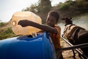 Un niño recoge agua de una cuenca rehabilitada en el estado meridional sudanés Nilo Blanco.
