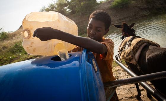 Un niño recoge agua de una cuenca rehabilitada en el estado meridional sudanés Nilo Blanco.