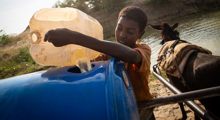Мальчик набирает воду в водосборном бассейне на юге Судана.