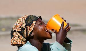 A girl drinks water at school in  Goré, Chad.