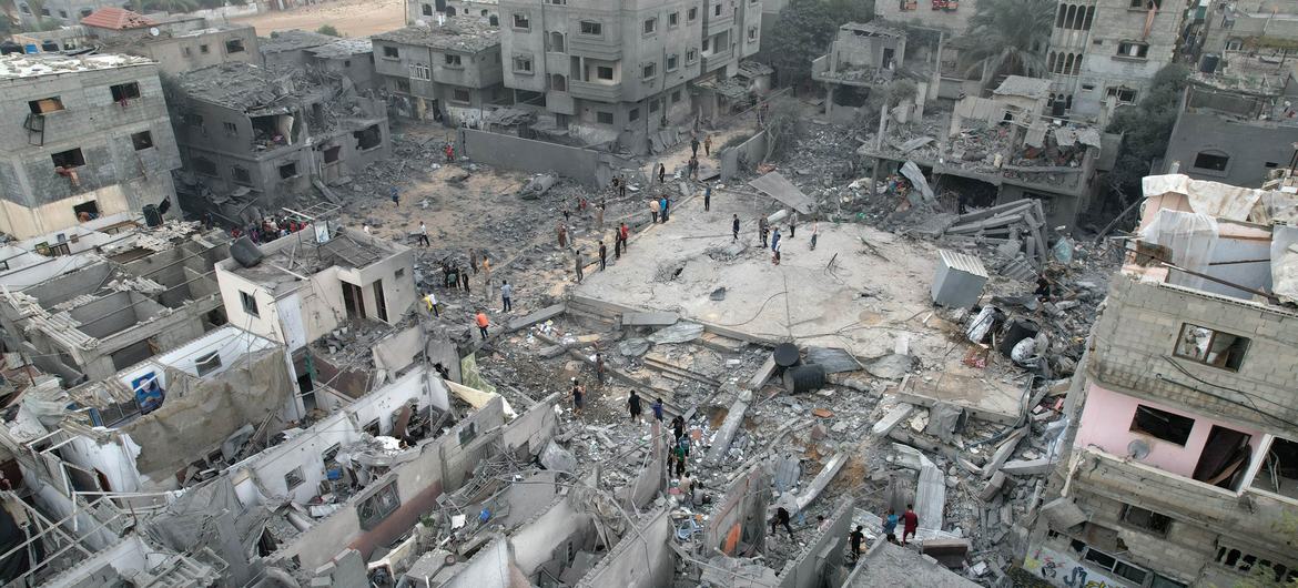 An aerial view of the heavily damaged and collapsed buildings in Gaza City.