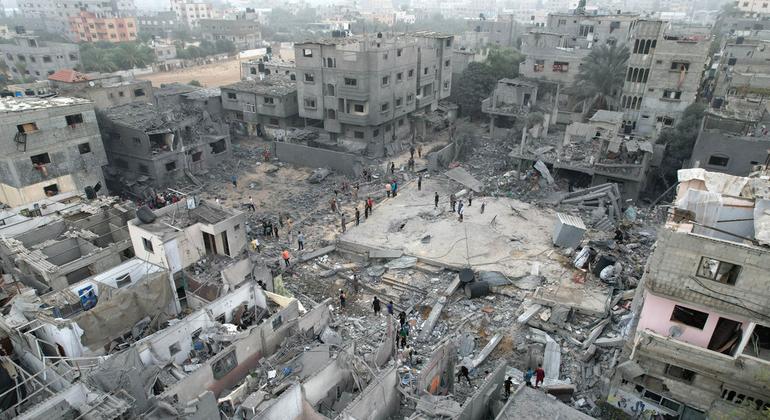An aerial view of the heavily damaged and collapsed buildings in Gaza City. (October 2023)