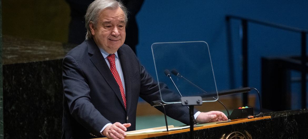 O secretário-geral da ONU, António Guterres, discursa no evento da GA no Dia Internacional em Memória das Vítimas da Escravidão e do Tráfico Transatlântico de Escravos
