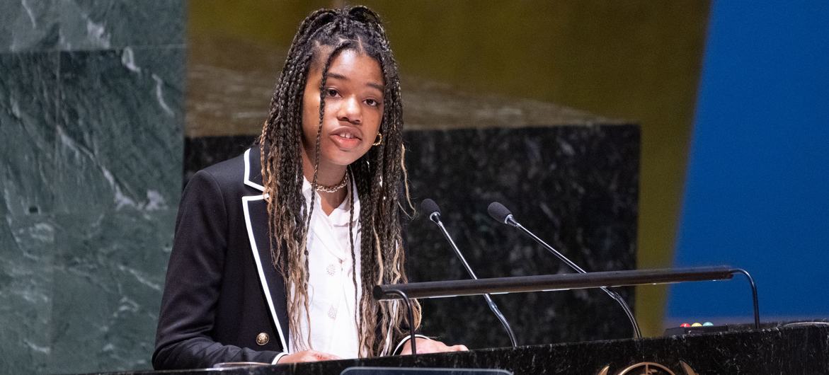 Yolanda Renee King, youth activist and granddaughter of Dr. Martin Luther King, Jr. and Coretta Scott King, addresses the General Assembly.