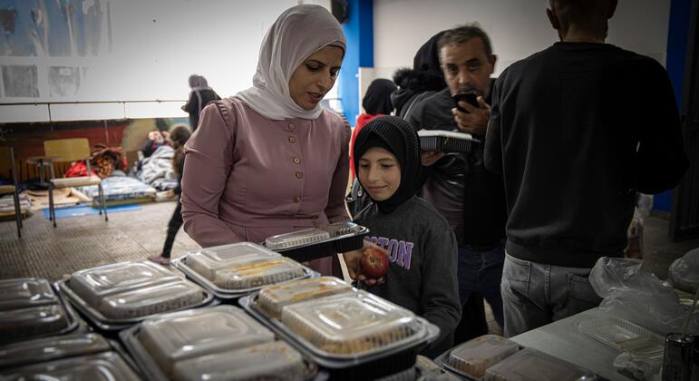 Distribution de nourriture aux familles déplacées qui se sont réfugiées dans une école publique de Beyrouth, au Liban.