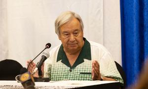 UN Secretary-General António Guterres briefs journalists at the launch in Tonga of the WMO Pacific climate report.