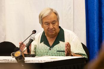 UN Secretary-General António Guterres briefs journalists at the launch in Tonga of the WMO Pacific climate report.