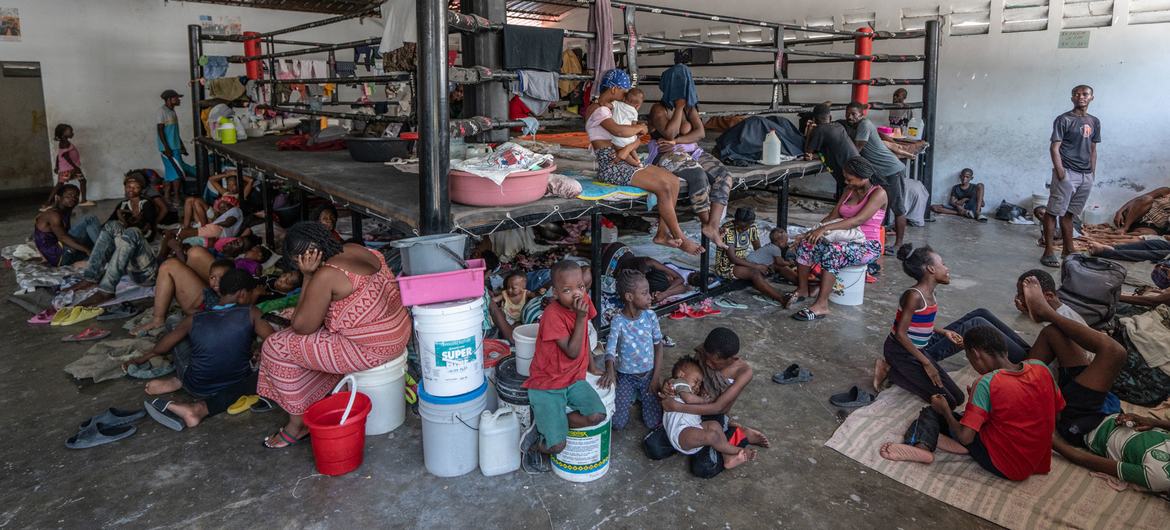Displaced people shelter in a boxing arena in downtown Port-au-Prince after fleeing their homes during gang attacks in August 2023.