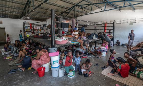 Displaced people shelter in a boxing arena in downtown Port-au-Prince after fleeing their homes during gang attacks in August 2023.