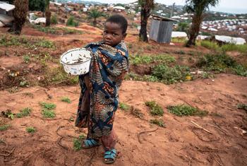 Un enfant tient une casserole de criquets dans un camp pour personnes déplacées en République démocratique du Congo.