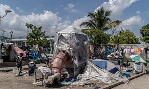 Uma estrutura de parque infantil torna-se um abrigo para as pessoas na área de Tabarre, em Porto Príncipe, Haiti
