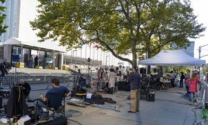 Journalists wait outside UN Headquarters during the first day of the General Debate.  