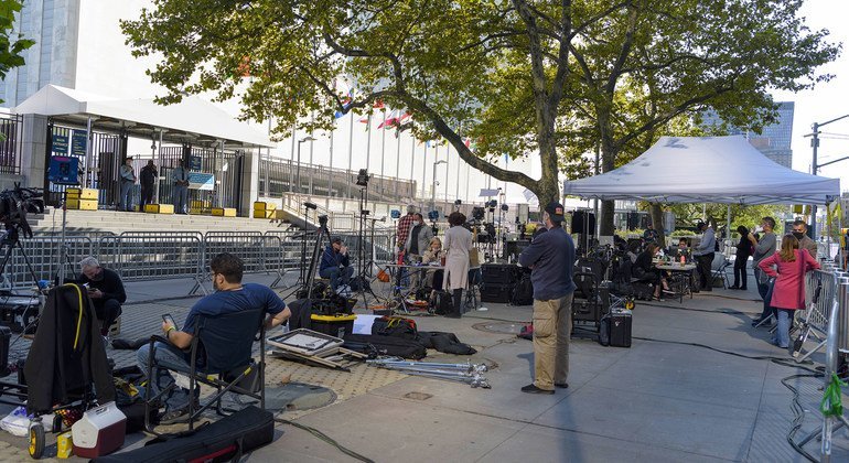 Journalists wait outside UN Headquarters during the first day of the General Debate.  