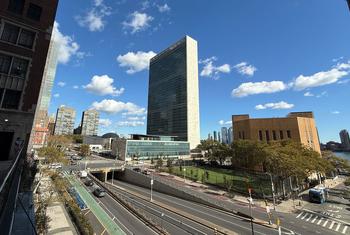 The United Nations Headquarters as seen from First Avenue in New York City.