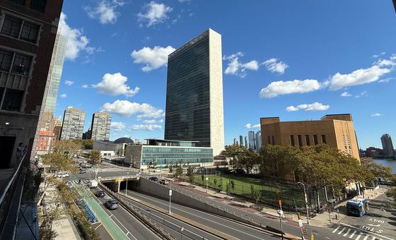 The United Nations Headquarters as seen from First Avenue in New York City.