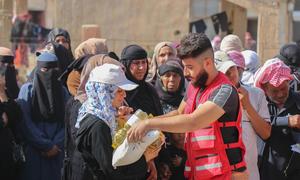 The UN World Food Programme (WFP) distributes food rations to displaced families from Lebanon.