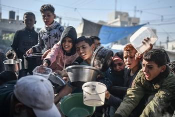 غزہ کے علاقے رفع میں لوگ خوراک حاصل کرنے کی کوشش کر رہے ہیں۔