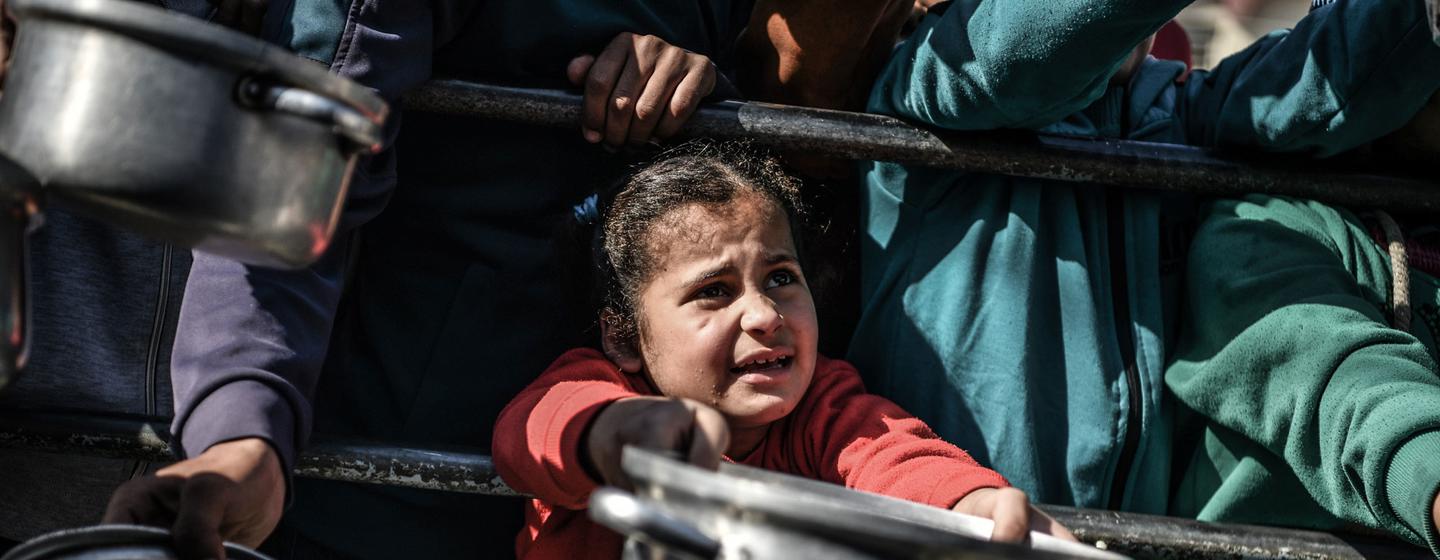 在加沙地带南部的拉法，一名8岁的孩子在排队领取食物。