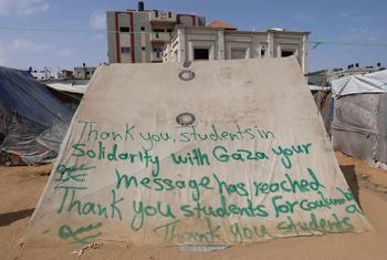 غزہ میں ایک خیمے پر جنگ بندی کا مطالبہ کرنے والے دنیا بھر کے طلباء کے لیے اظہار تشکر کے کلمات تحریر ہیں۔