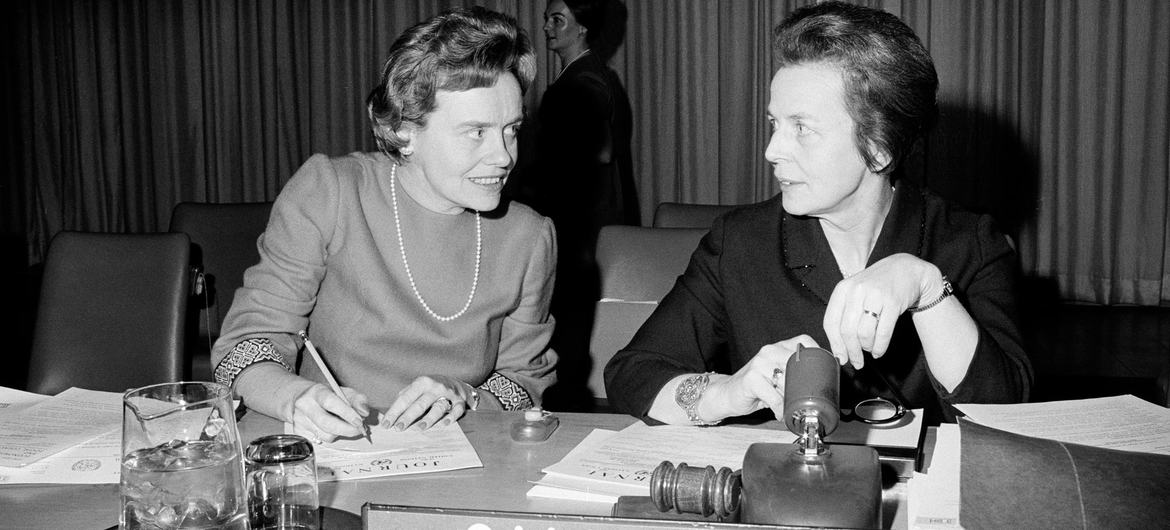 Margaret K. Bruce (left), Chief of the Status of Women Section at the UN Division of Human Rights, conversing with Helvi L. Sipila of Finland, Chair of the Commission on the Status of Women session in 1967. (file)