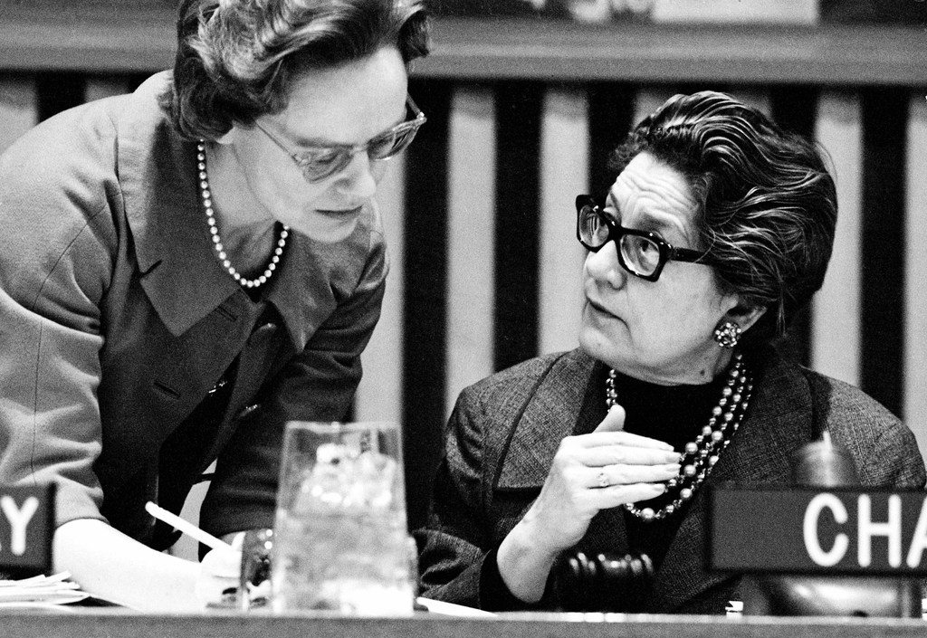 In 1963, Chief of Section for the Status of Women at the UN Secretariat Margaret K. Bruce (left) speaks with the Chair of the 17th session of the Commission on the Status of Women (CSW), Maria Lavalle Urbina  of Mexico. (file)
