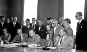 Twelve nations signed the landmark Refugee Convention in 1951, but who is the only woman at the table? (file)