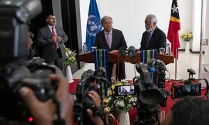 UN Secretary-General António Guterres (left) and  Xanana Gusmao, Prime Minister of Timor-Leste, answer questions from the media in Dili.