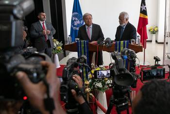 UN Secretary-General António Guterres (left) and  Xanana Gusmao, Prime Minister of Timor-Leste, answer questions from the media in Dili.