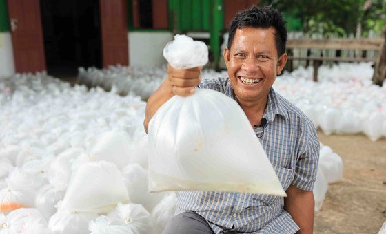 A farmer in Lao holds up a bag of fresh fish that he has cultivated in his rice field.