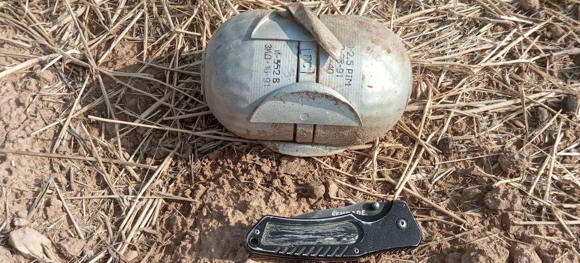 An unexploded bomb is displayed in Syria's Raqqa governorate.