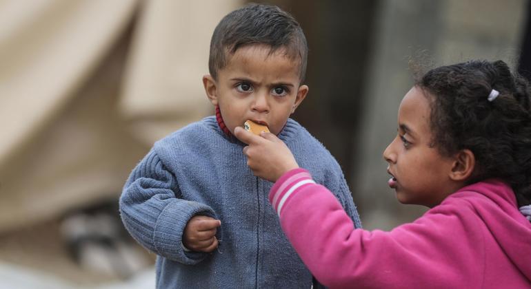 برنامج الأغذية العالمي يقدم مساعدات غذائية للفلسطينيين النازحين في دير البلح، وسط قطاع غزة.