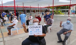 Older adults are amongst the first Peruvians to receive COVID-19 vaccines at a vaccination site in Lima, Peru.