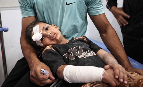 Five-year-old Ayman Abu Hujair receives treatment after an airstrike at Gaza's Al-Hasayneh School (file, May 2025)