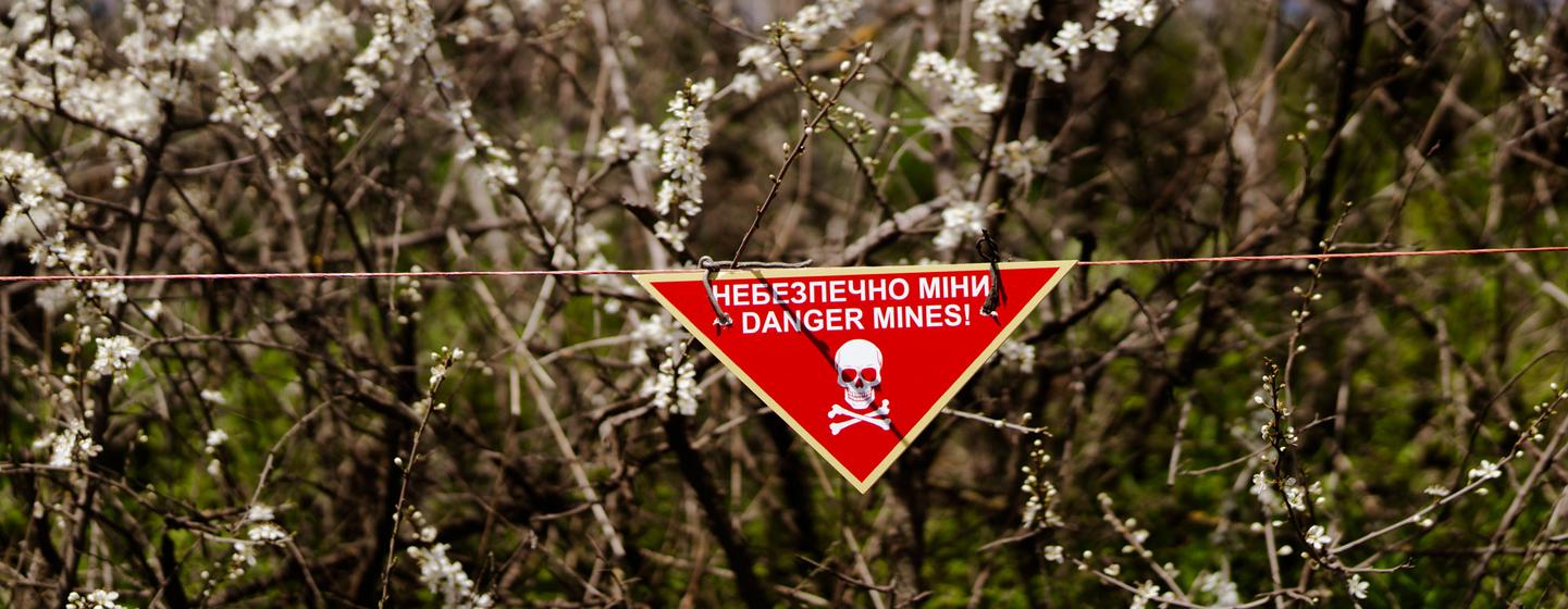 Un panneau d'avertissement triangulaire rouge orné d'une tête de mort et de tibias croisés, portant l'inscription « DANGER MINES ! », est suspendu à un fil électrique sur fond d'arbres en fleurs en Ukraine.